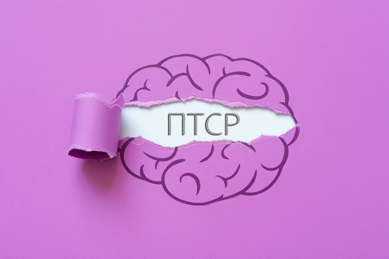 концепция птср - разорванный лист с нарисованным мозгом под которым надпись птср